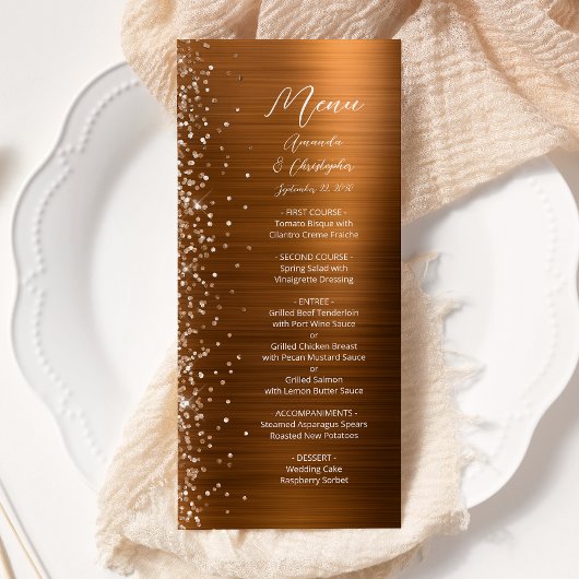 Glam Koper Glitter Geborsteld Metaal Bruiloft Menu