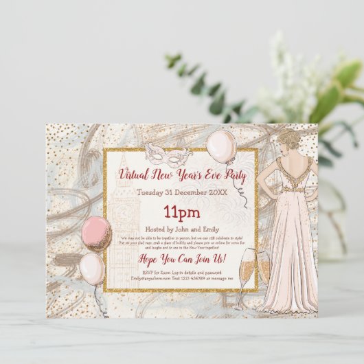 Glam Lady Confetti Sparkly Virtual New Year Party Kaart (Staand voorkant)