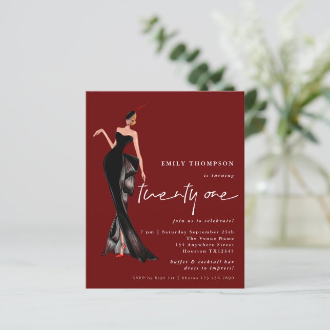 Glam Lady Trendy Script 21st Burgundy Party Invite (Staand voorkant)