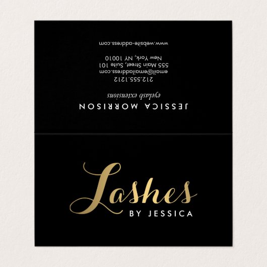 Glam Lashes Script Tekst Goud/Zwart Nazorg Visitekaartje (Buitenkant ongevouwen)