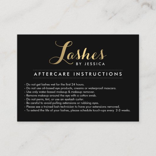 Glam Lashes Script Text Gold/Black Aftercare Kaart Visitekaartje (Voorkant)