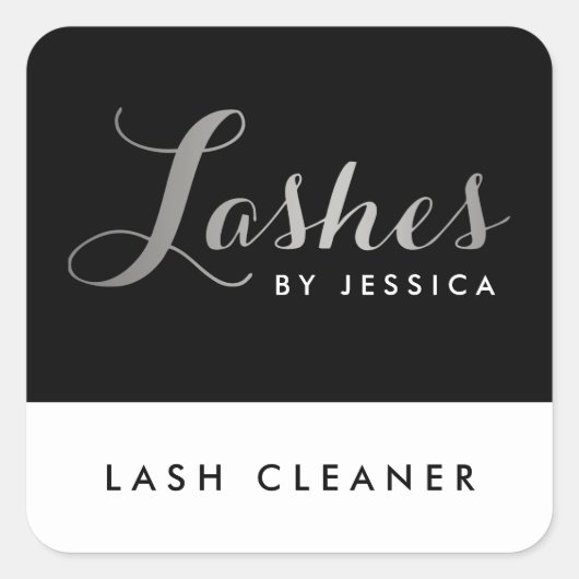 Glam Lashes Script Text Silver/Black Lash Cleaner Vierkante Sticker (Voorkant)