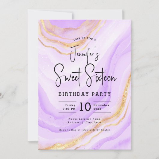 Glam Lavender Paarse Marmeren Glitter Sweet 16 Par Kaart (Voorkant)