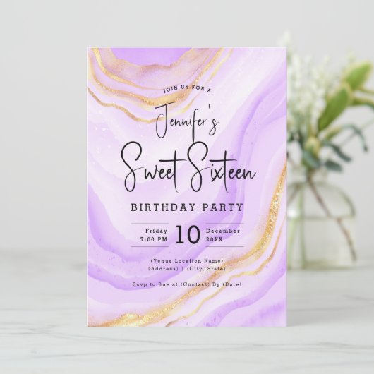 Glam Lavender Paarse Marmeren Glitter Sweet 16 Par Kaart (Staand voorkant)