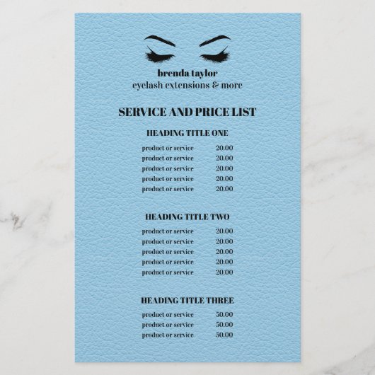 Glam LEATHER BLUE EYELASH SALON SERVICE LIST Flyer (Voorkant)