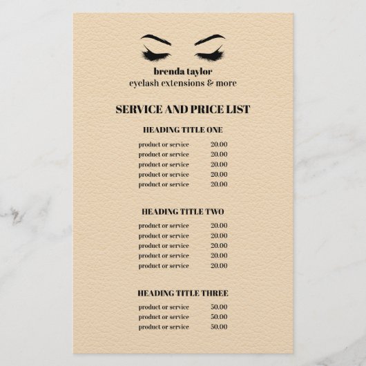 Glam LEER BEIGE WIMPER SALON SERVICE LIJST Flyer (Voorkant)