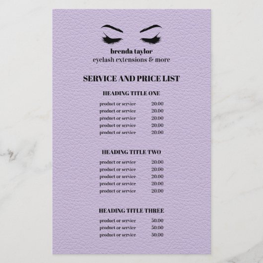Glam LEER lila WIMPER SALON SERVICE LIJST Flyer (Voorkant)