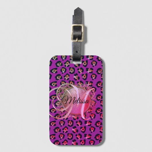 Glam Leopard Pink en Paars Monogram Bagagelabel (Voorkant (verticaal))