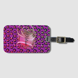Glam Leopard Pink en Paars Monogram Bagagelabel