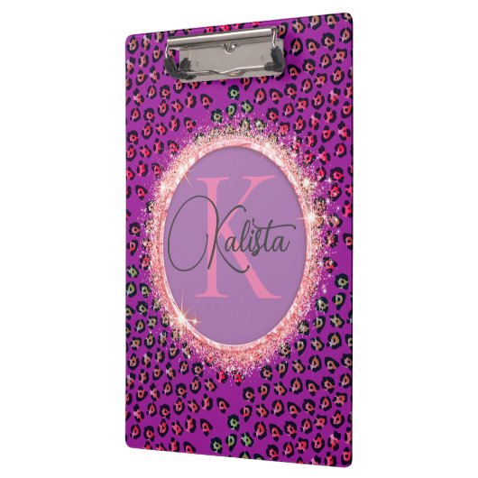 Glam Leopard Pink en Paars Monogram Klembord (Links)