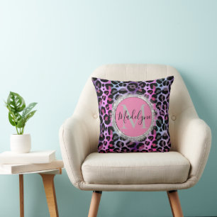 Glam Leopard Pink en Paars Monogram Kussen