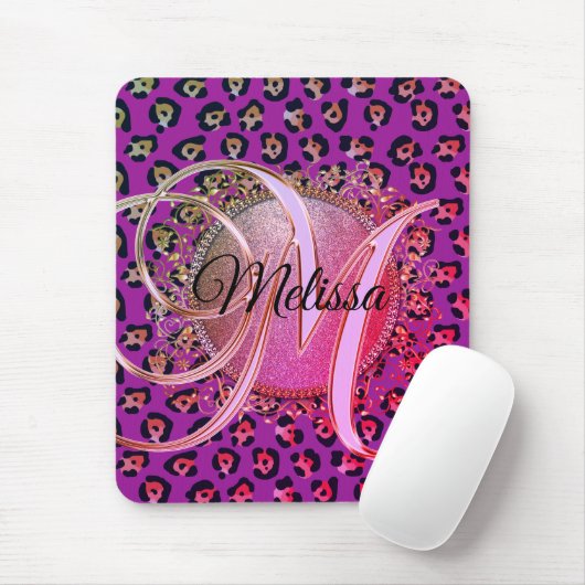 Glam Leopard Pink en Paars Monogram Muismat (Met muis)