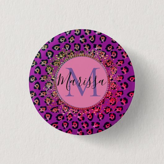 Glam Leopard Pink en Paars Monogram Ronde Button 3,2 Cm (Voorkant)