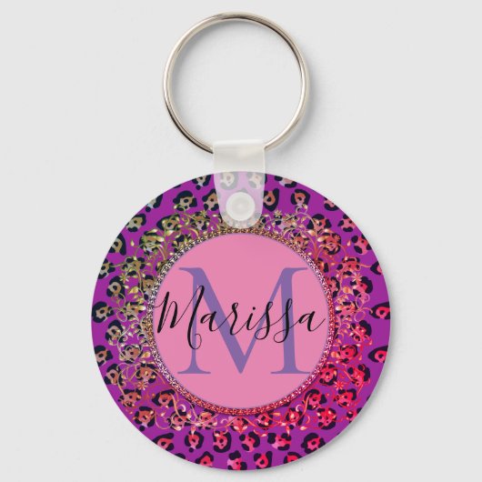 Glam Leopard Pink en Paars Monogram Sleutelhanger (Voorkant)