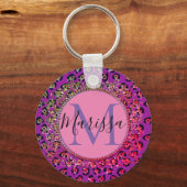 Glam Leopard Pink en Paars Monogram Sleutelhanger (Voorkant)