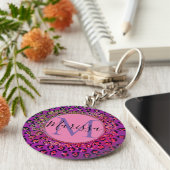Glam Leopard Pink en Paars Monogram Sleutelhanger (Zijkant)