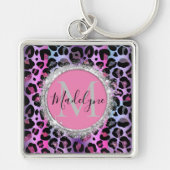 Glam Leopard Pink en Paars Monogram Sleutelhanger (Voorkant)