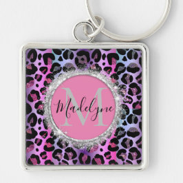 Glam Leopard Pink en Paars Monogram Sleutelhanger