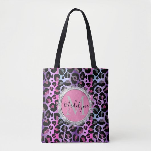 Glam Leopard Roze en Paarse Monogram Glitter Tote Bag (Voorkant)