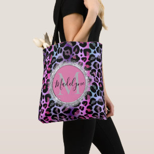 Glam Leopard Roze en Paarse Monogram Glitter Tote Bag