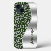 Glam Leopard Spots Metallic Silver Green Name Case-Mate iPhone Case (Achterkant)