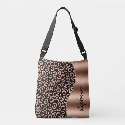 Glam Leopard Spots Roos Gold Black Metallic Name Crossbody Tas (Voorkant)