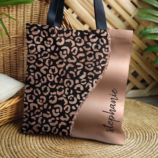 Glam Leopard Spots Roos Gold Black Metallic Name Tote Bag