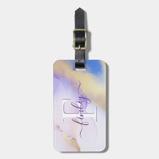 Glam Lila Gold Abstract Verf Elegant Monogram Bagagelabel (Voorkant verticaal)