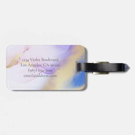 Glam Lila Gold Abstract Verf Elegant Monogram Bagagelabel (Achterkant horizontaal)