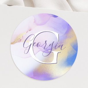 Glam Lila Gold Abstract Verf Elegant Monogram Ronde Sticker