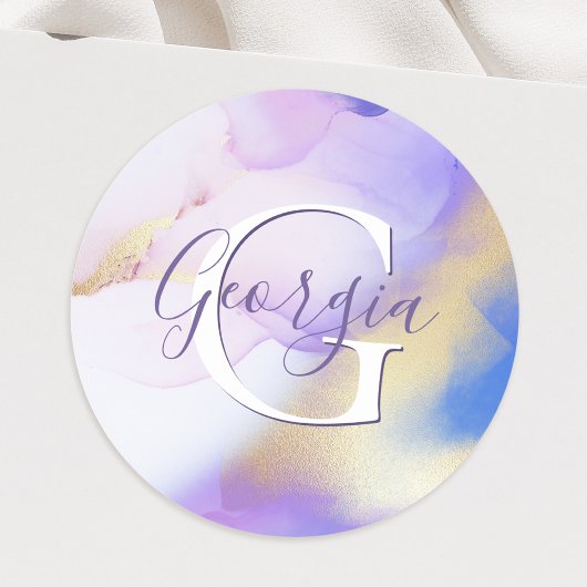 Glam Lila Gold Abstract Verf Elegant Monogram Ronde Sticker
