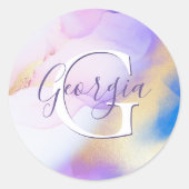 Glam Lila Gold Abstract Verf Elegant Monogram Ronde Sticker (Voorkant)
