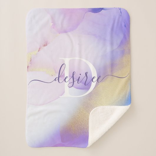 Glam Lila Gold Abstract Verf Elegant Monogram Sherpa Deken (Voorkant)
