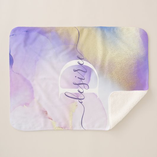 Glam Lila Gold Abstract Verf Elegant Monogram Sherpa Deken (Voorkant (horizontaal))