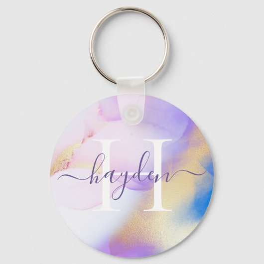 Glam Lila Gold Abstract Verf Elegant Monogram Sleutelhanger (Voorkant)