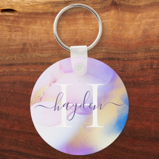 Glam Lila Gold Abstract Verf Elegant Monogram Sleutelhanger (Voorkant)
