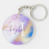Glam Lila Gold Abstract Verf Elegant Monogram Sleutelhanger (Achterkant)