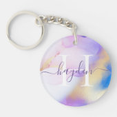 Glam Lila Gold Abstract Verf Elegant Monogram Sleutelhanger (Voorkant)