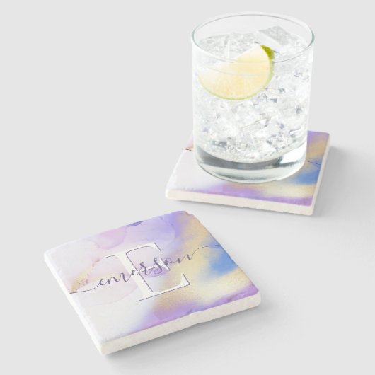 Glam Lila Gold Abstract Verf Elegant Monogram Stenen Onderzetter (Zijkant)