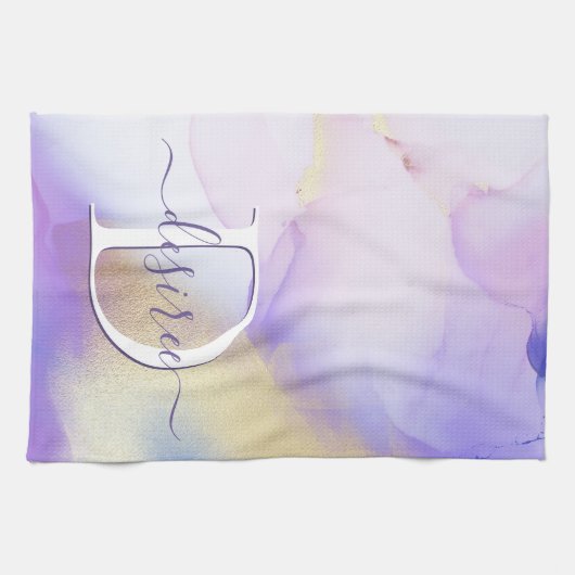 Glam Lila Gold Abstract Verf Elegant Monogram Theedoek (Horizontaal)