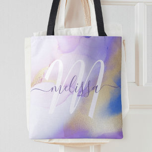 Glam Lila Gold Abstract Verf Elegant Monogram Tote Bag
