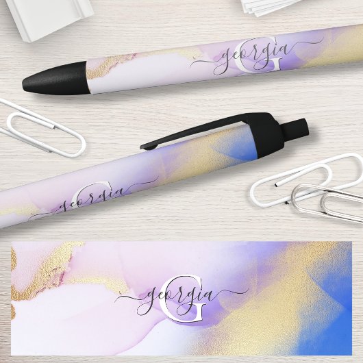 Glam Lila Gold Abstract Verf Elegant Monogram Zwarte Inkt Pen