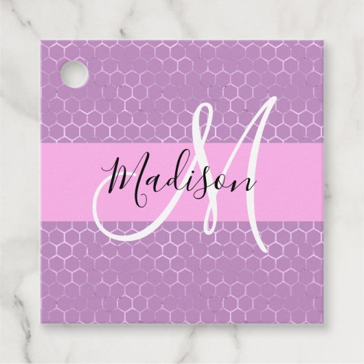 Glam Lila Metallic Pink Honeycomb Monogram Naam Bedankjes Labels (Voorkant)