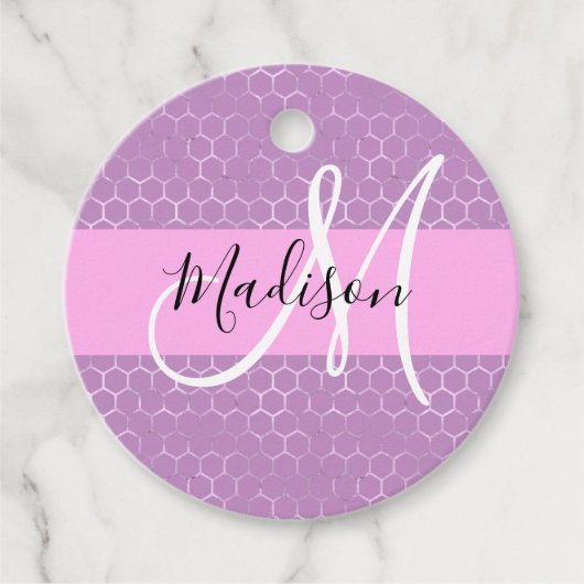 Glam Lila Metallic Pink Honeycomb Monogram Naam Bedankjes Labels (Voorkant)