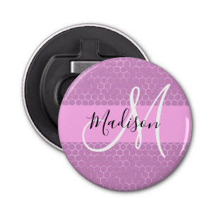 Glam Lila Metallic Pink Honeycomb Monogram Naam Button Flesopener