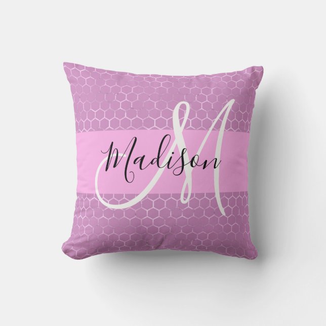 Glam Lila Metallic Pink Honeycomb Monogram Naam Kussen (Voorkant)
