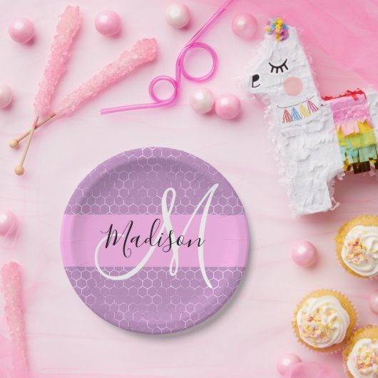 Glam Lila Metallic Pink Honeycomb Monogram Naam Papieren Bordje (Feest)