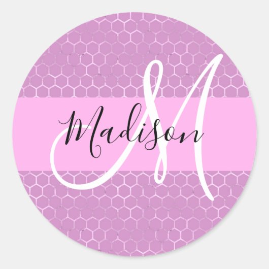Glam Lila Metallic Pink Honeycomb Monogram Naam Ronde Sticker (Voorkant)