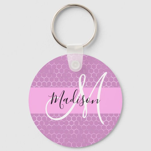 Glam Lila Metallic Pink Honeycomb Monogram Naam Sleutelhanger (Voorkant)