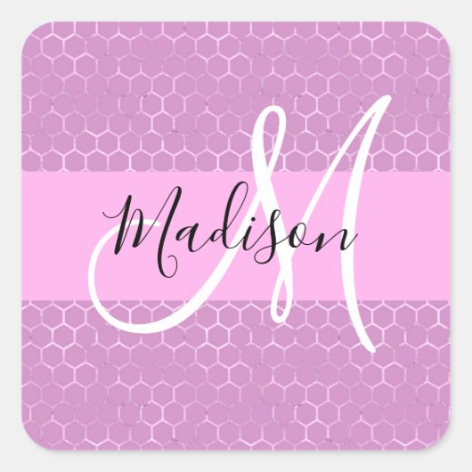 Glam Lila Metallic Pink Honeycomb Monogram Naam Vierkante Sticker (Voorkant)